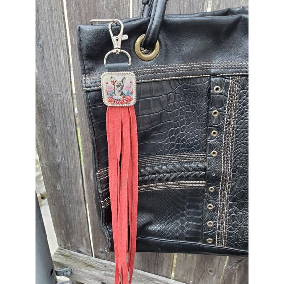 Handmade boho Chihuahua Leather Fringe Western bag charm, Long fringe keychain - Picture 2 of 3
